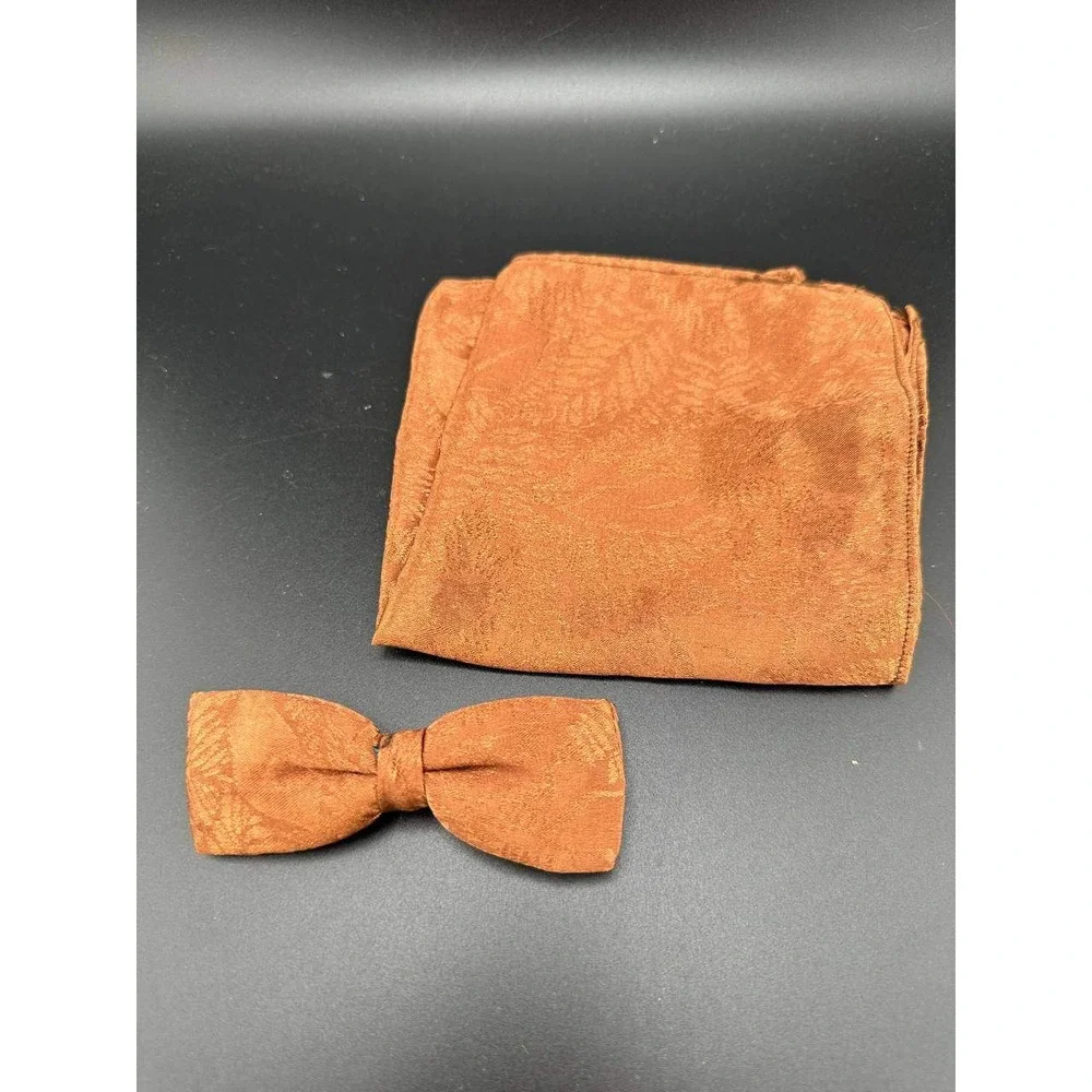 Vintage Burnt Orange Floral Clip-On Bow Tie and Pocket‎ Square Set 054 (72)